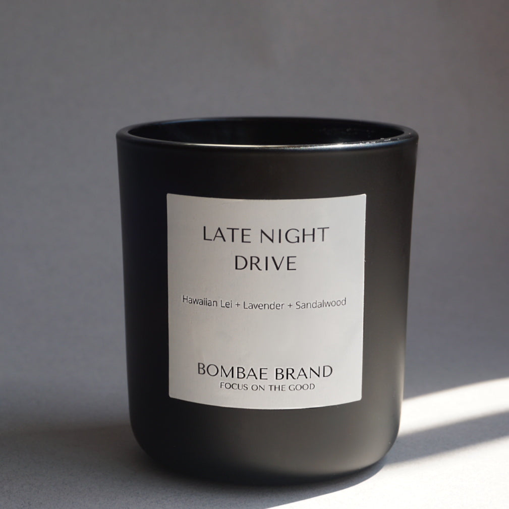 Late Night Drive soy candle by Bombae Brand – sandalwood, lei flower and lavender wooden wick candle