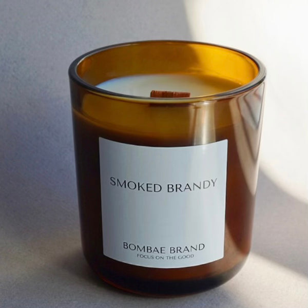 12oz Smoked Brandy soy candle by Bombae Brand – bergamot, leather and tobacco wooden wick candle
