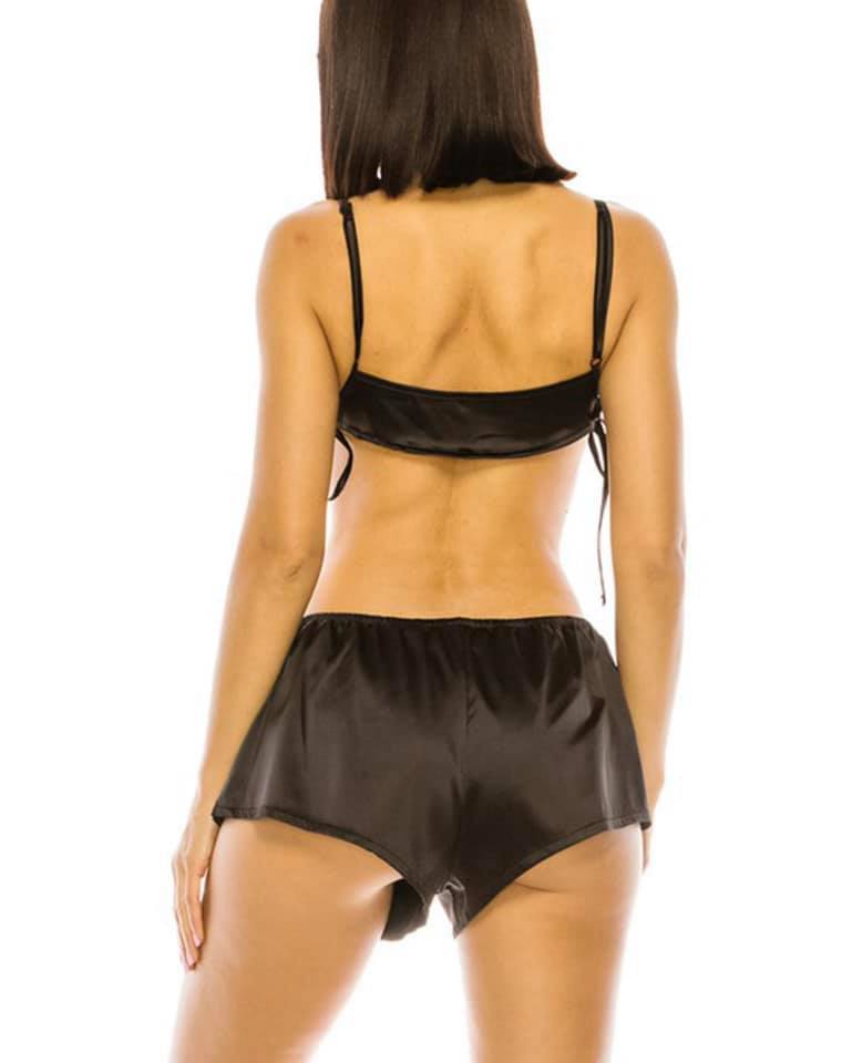 back of black crop and shorts pajama set
