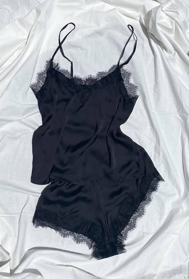 black pajama set with lace detail