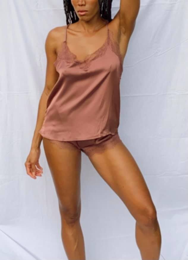 blush pajama set with lace detail