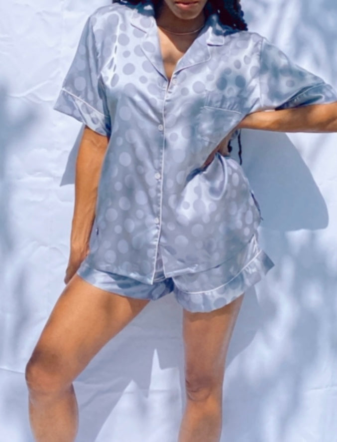 blue skyy short sleeve top and shorts silky pajamas