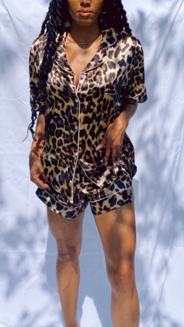 Imani silky lounge leopard print short set