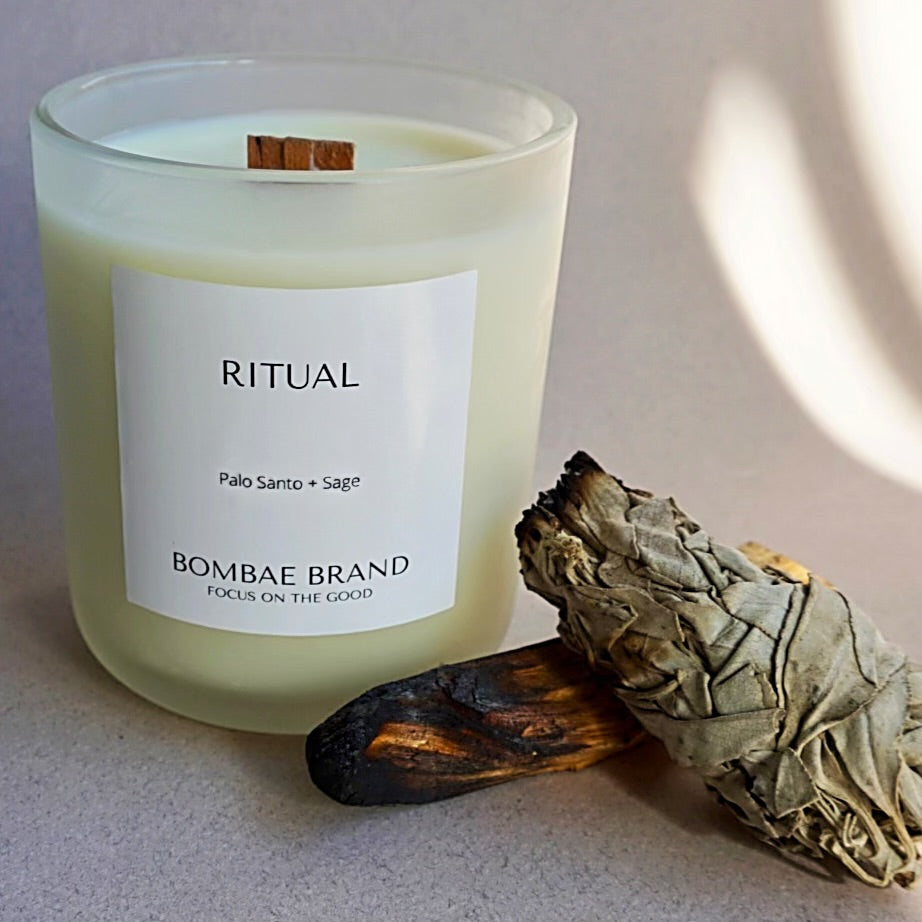 Ritual soy candle by Bombae Brand – palo santo sage and black wood wooden wick candle