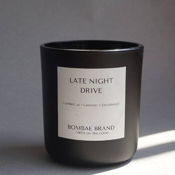 Late Night Drive soy candle by Bombae Brand – sandalwood, lei flower and lavender wooden wick candle