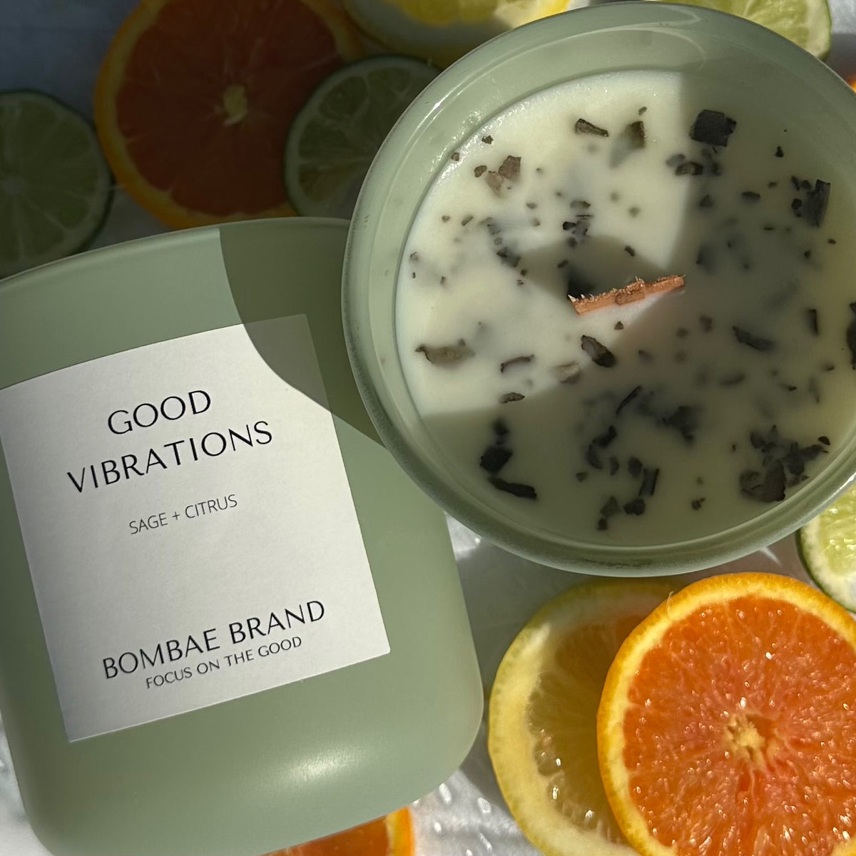 Good Vibrations soy candle by Bombae Brand – sage blood orange and lemon wooden wick candle
