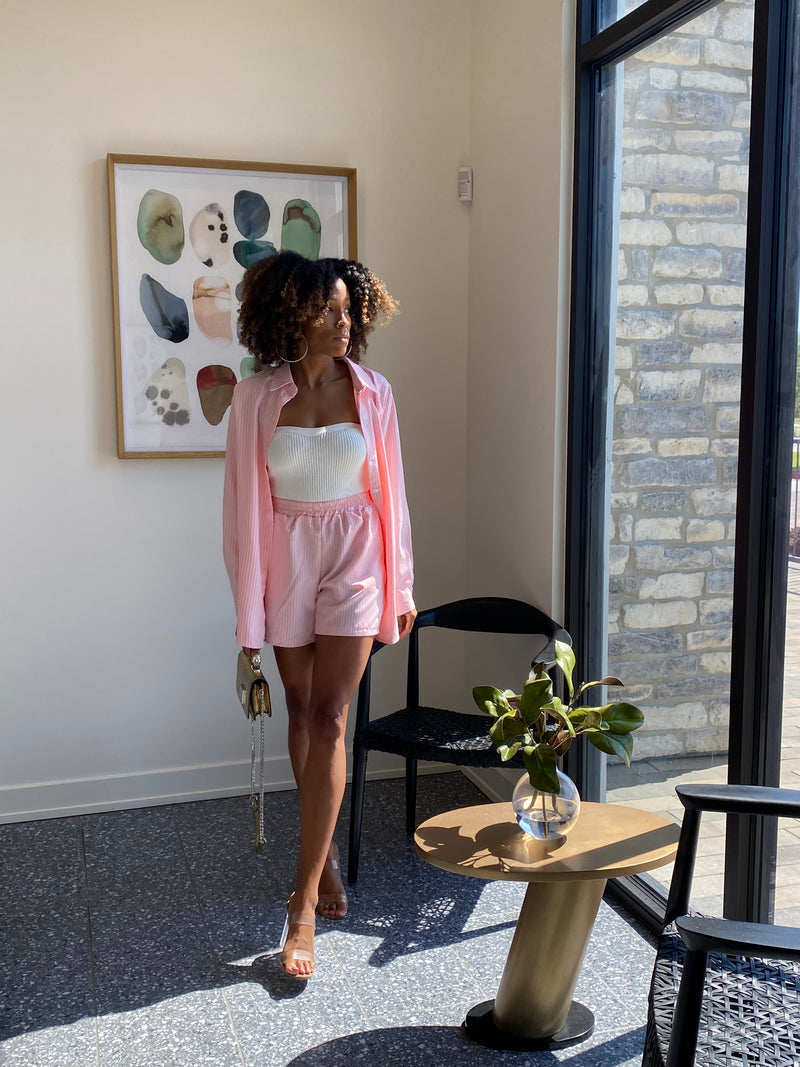 Serena Pinstripe Lounge Short Set — Blush