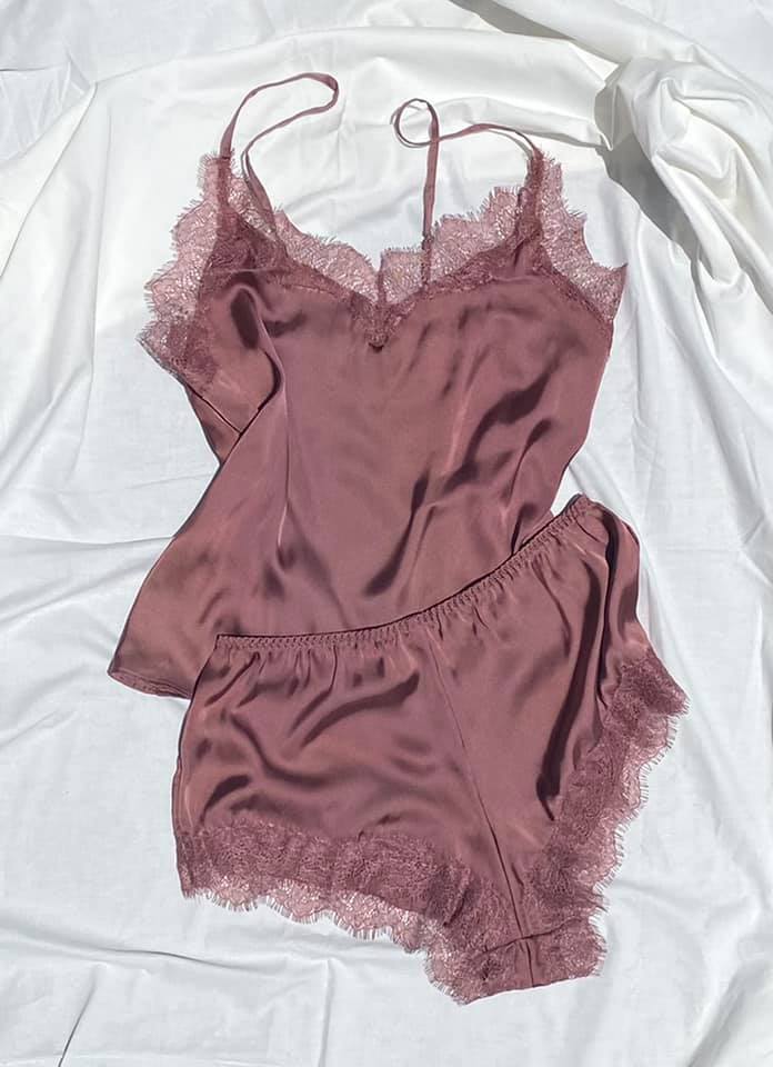 blush pajama set with lace detail