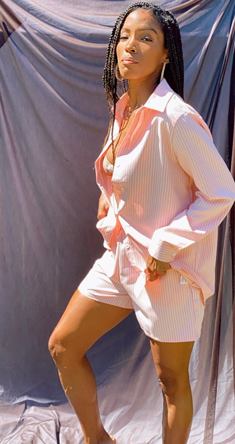 Serena Pinstripe Lounge Short Set — Blush
