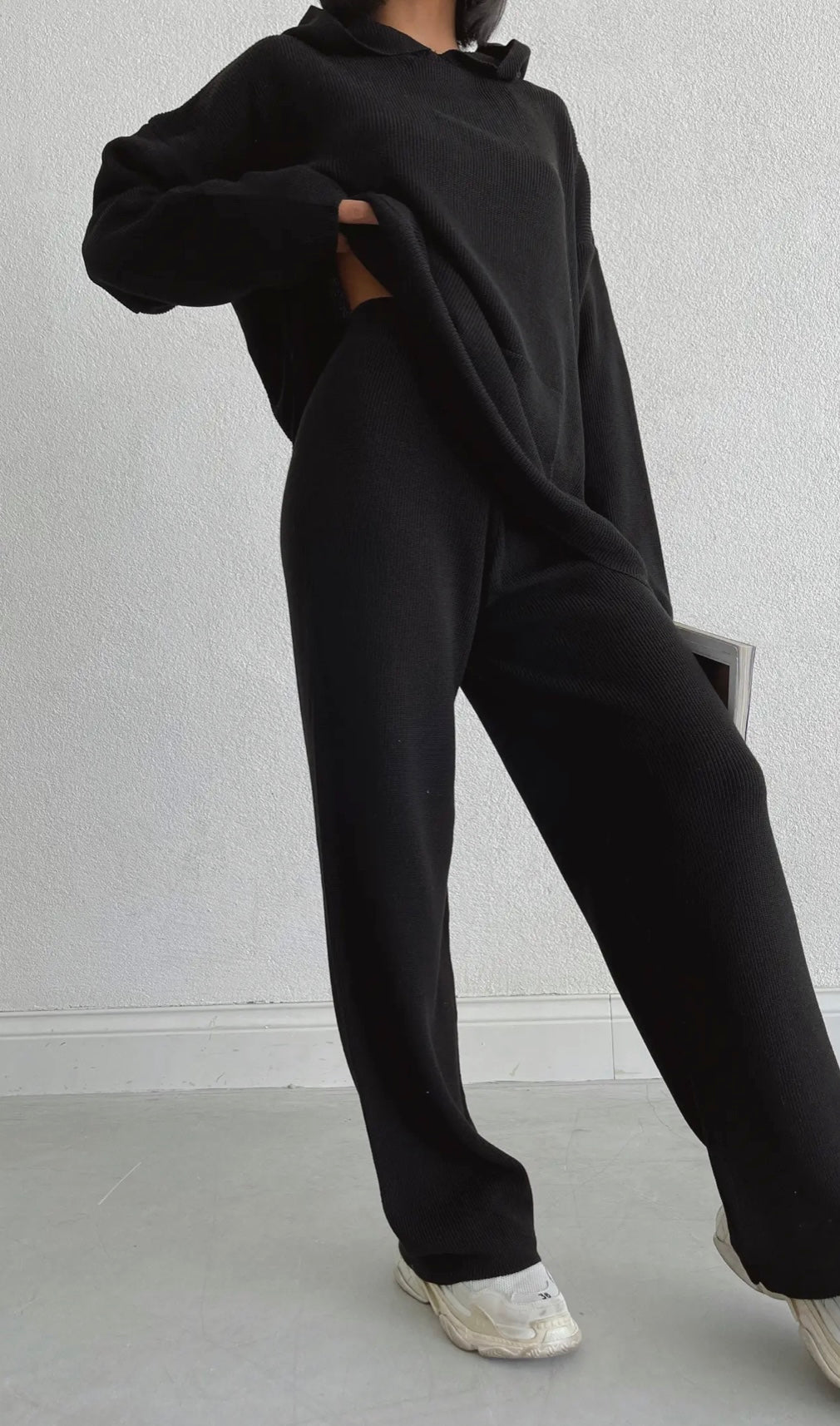 long sleeve hoodie and pants lounge set (BLACK)