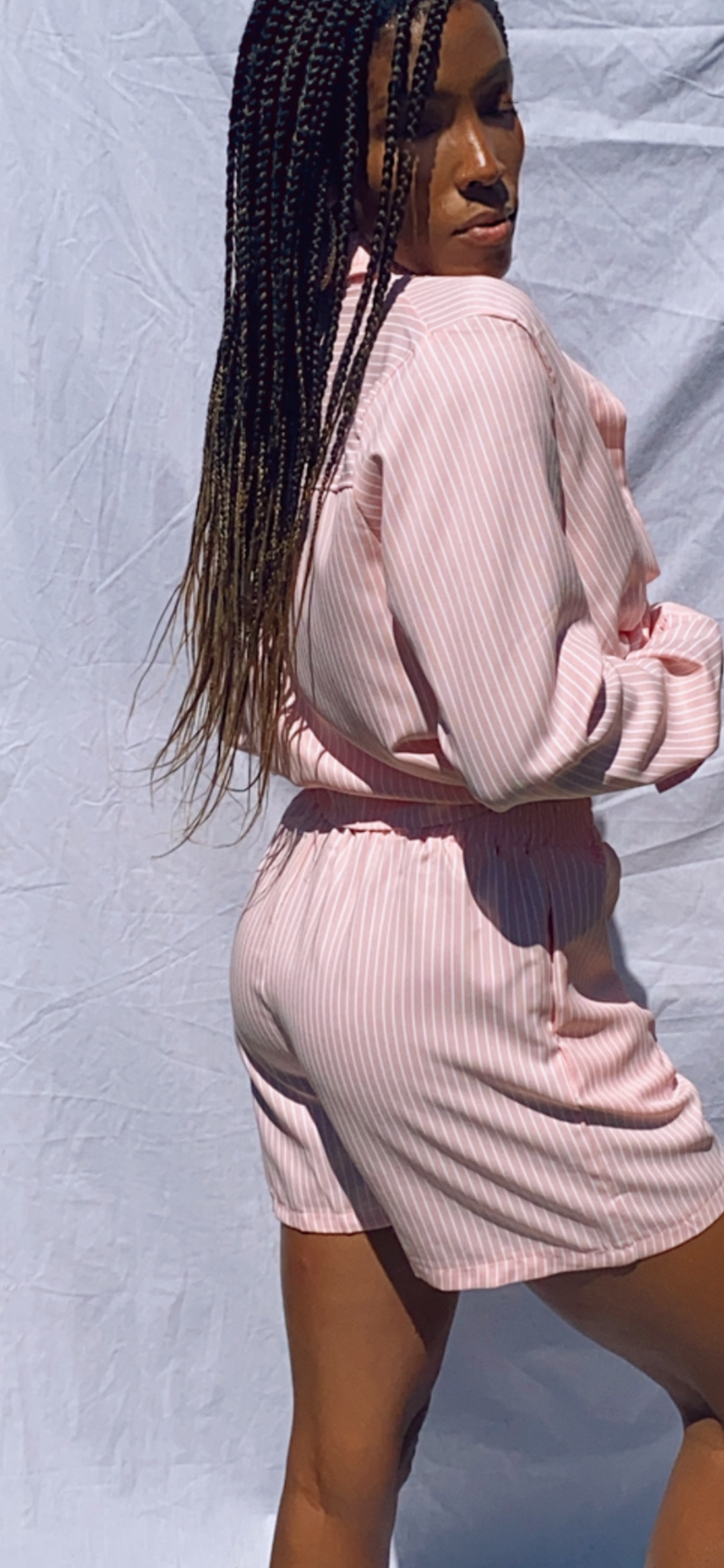 Serena Pinstripe Lounge Short Set — Blush